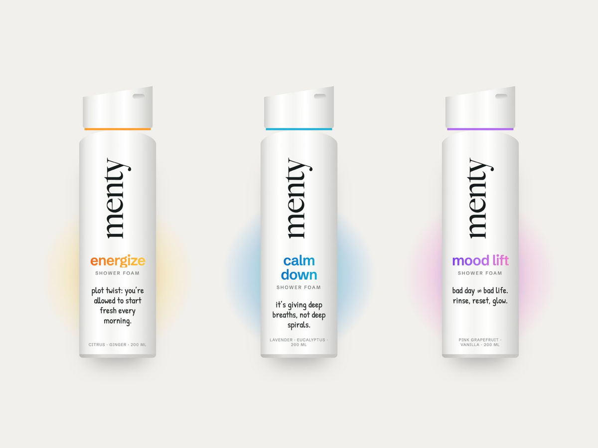 De drie menty shower foams: energize, calm down en mood lift